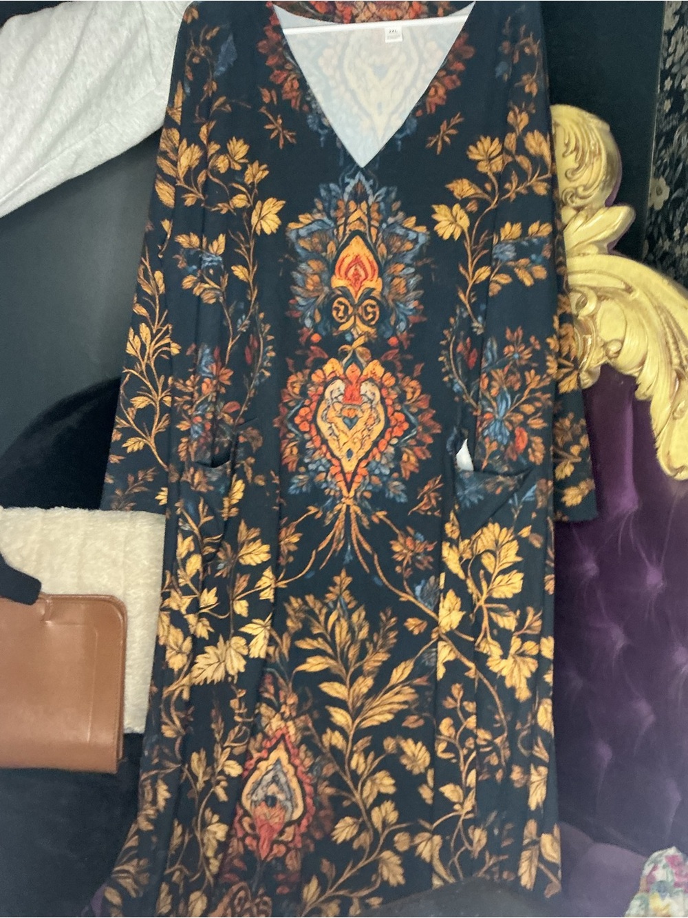 Black Floral V-Neck Women’s Dress with Gold and Rust Accents